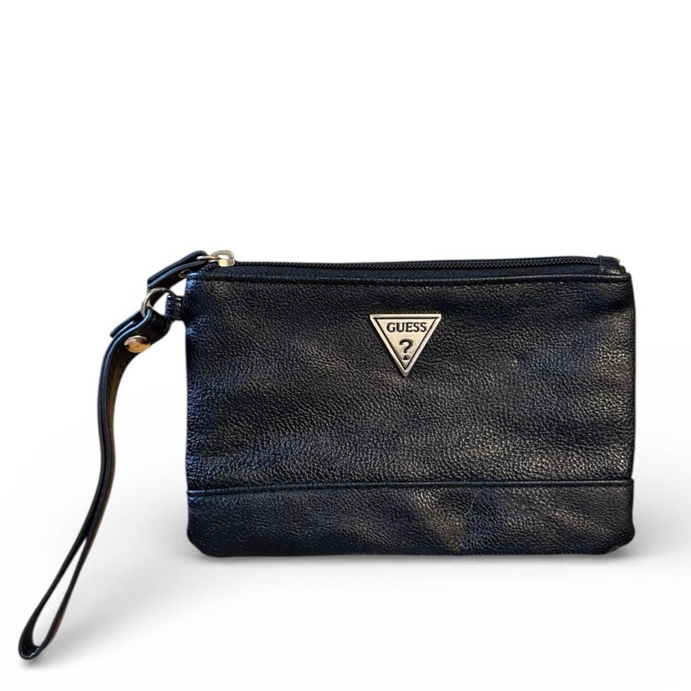 GUESS Black Wristlet Clutch Y2K Logo Zip Pouch Minimal Chic